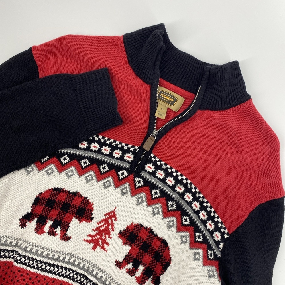 Foundry Sweater Mens Extra Large Tall Red 1/4 Zip Fair‎ Isle Bear Nordic XLT
